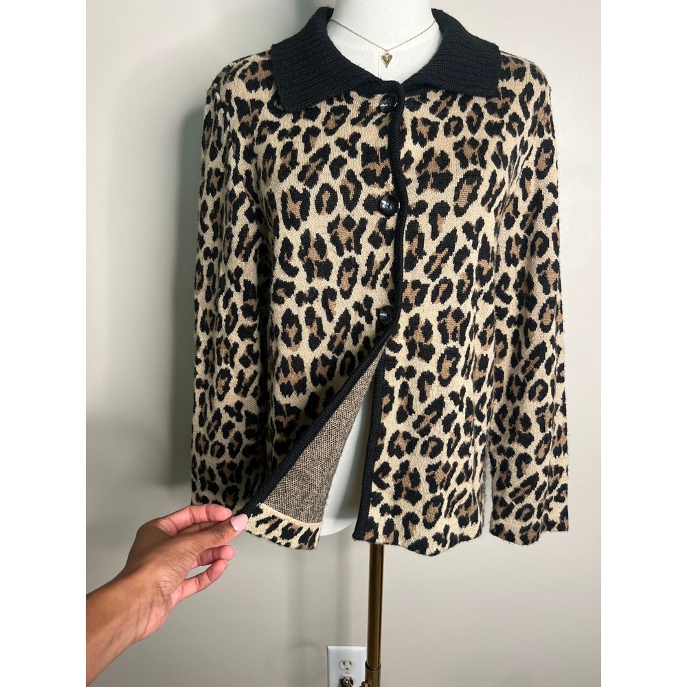 Rafaella Leopard Print Cardigan Sweater Womens Large Wool Blend Button Front L - Picture 4 of 8